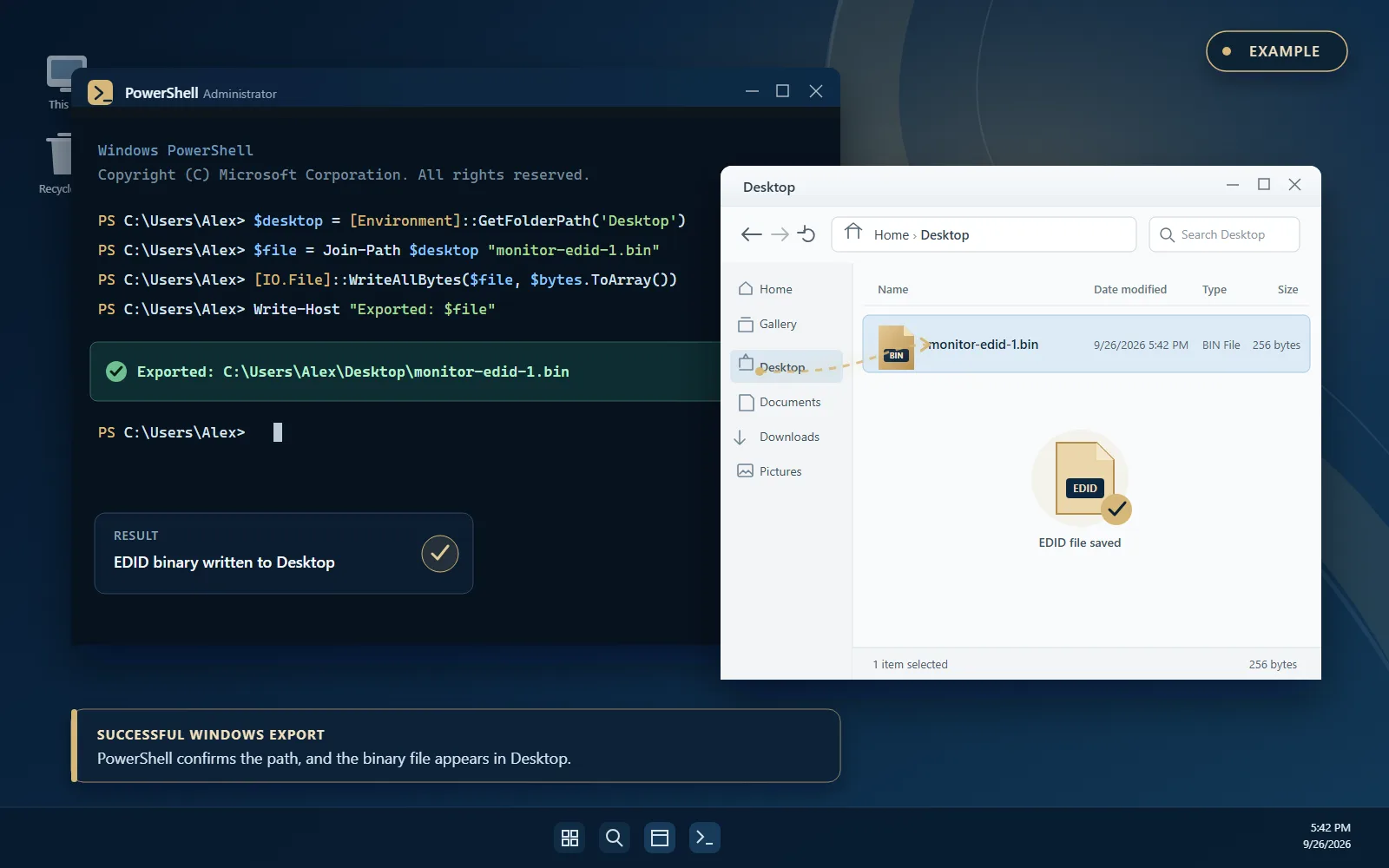 PowerShell successfully exports monitor-edid-1.bin to the Windows Desktop
