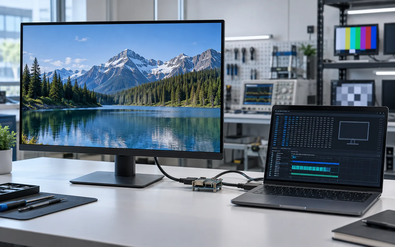 Monitor connected to a laptop for EDID export and decoding in a display testing lab