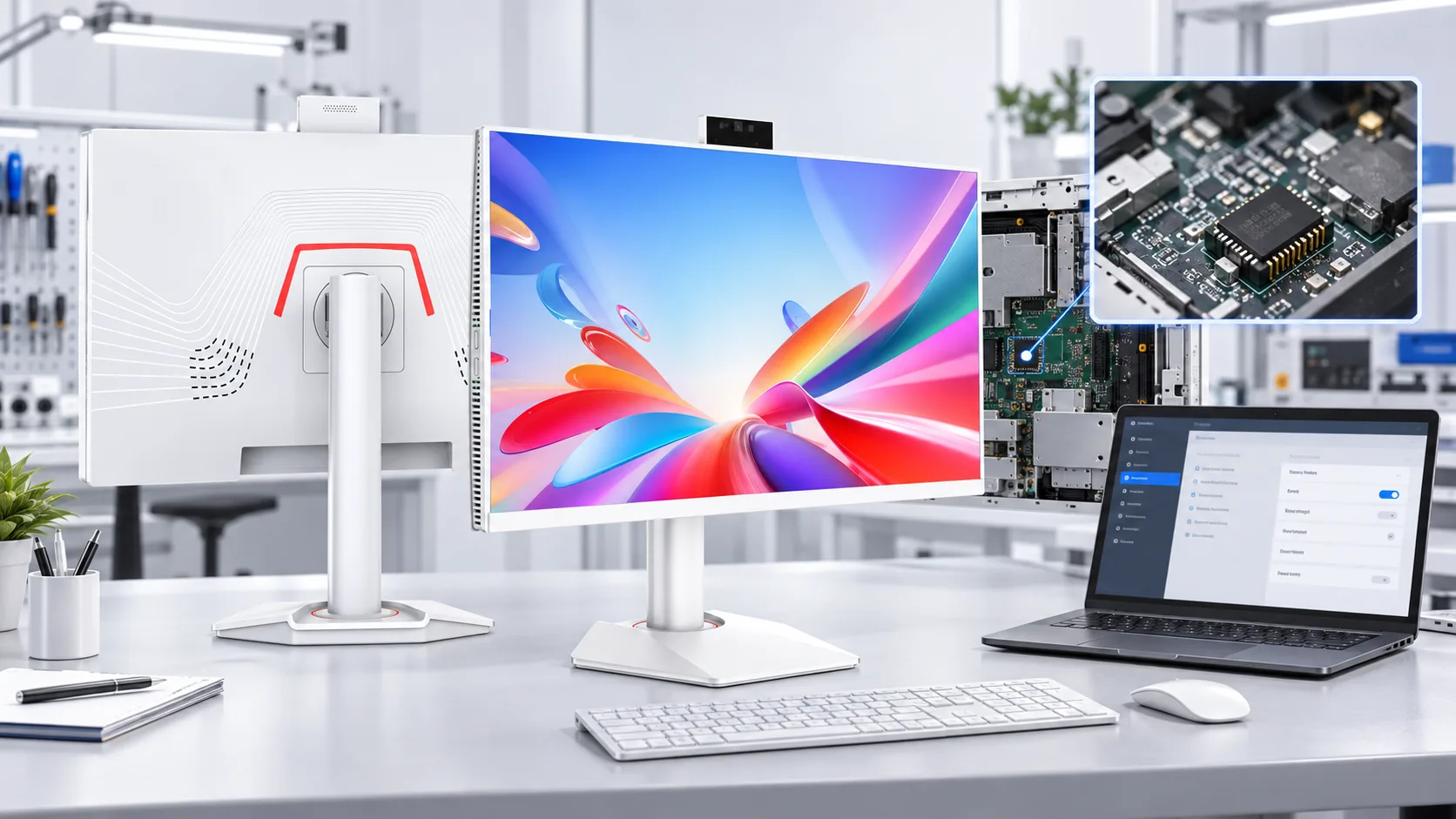 White all-in-one computer with TPM hardware and OEM firmware configuration