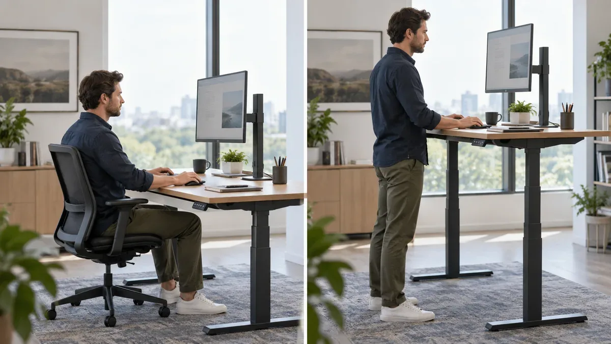 Ergonomic monitor stand and height adjustable desk for office workers