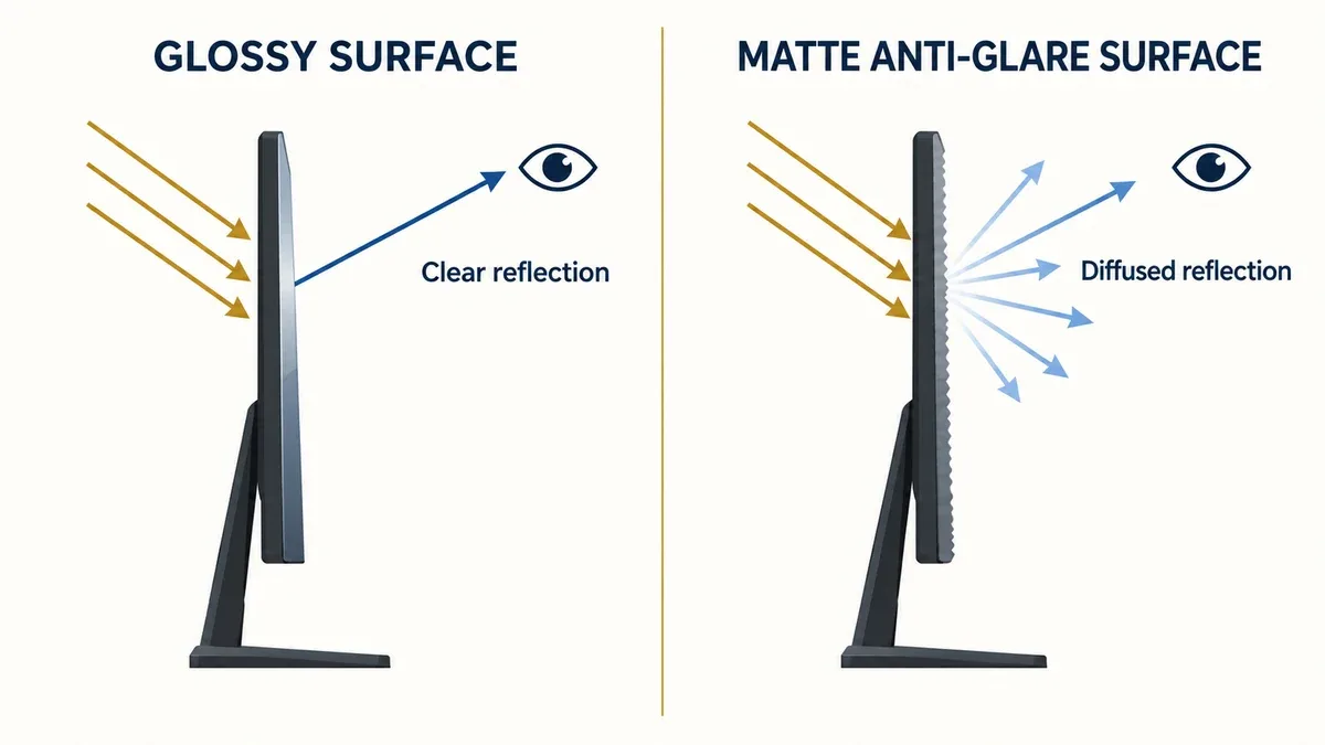 How glossy and matte monitor surfaces reflect ambient light