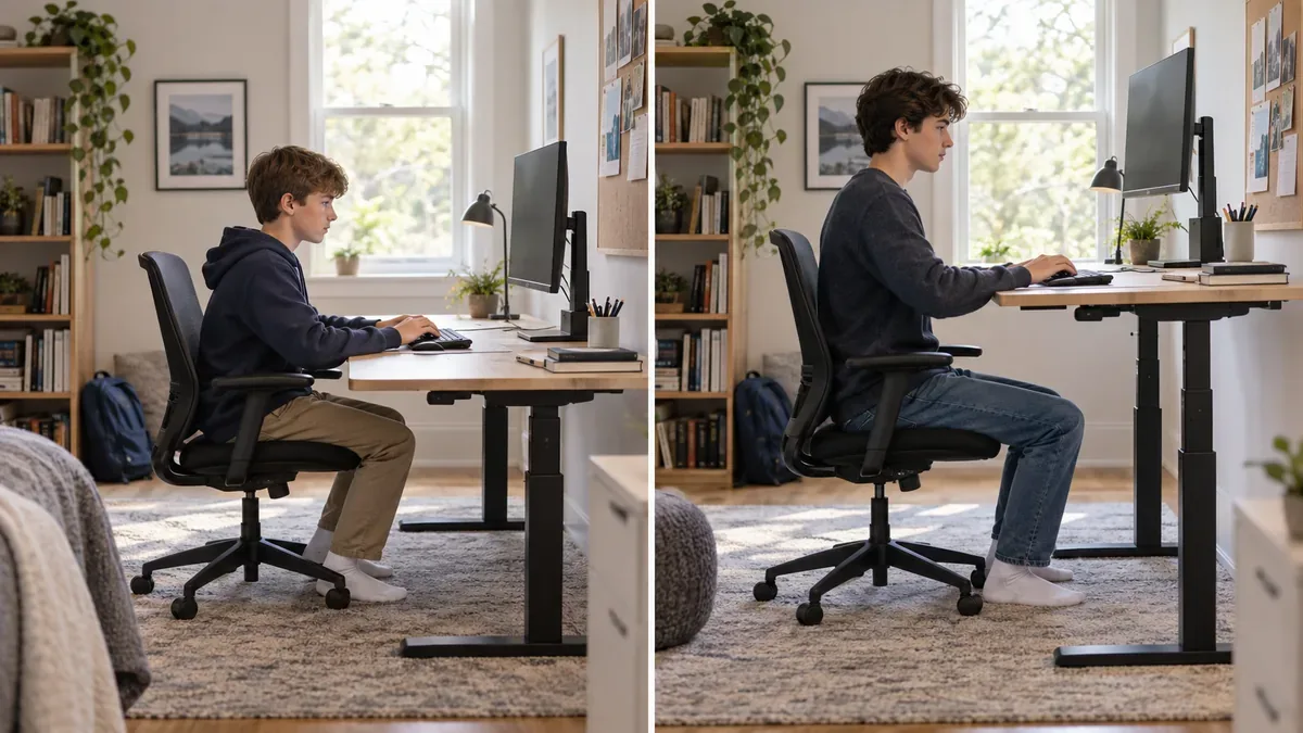 Adjustable computer monitor desk setup for teenagers and students