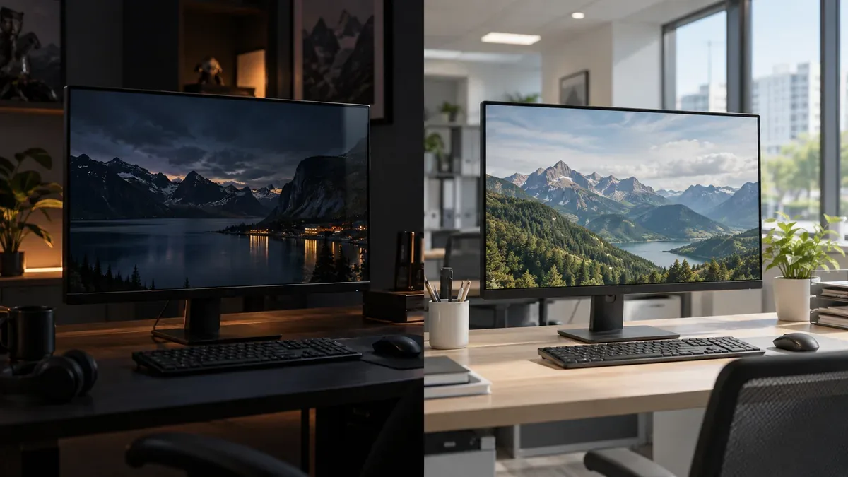 Glossy and matte monitors in different room lighting conditions
