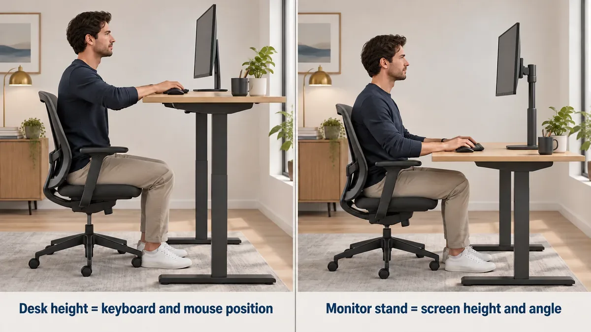 Computer desk height and ergonomic monitor stand adjustment comparison