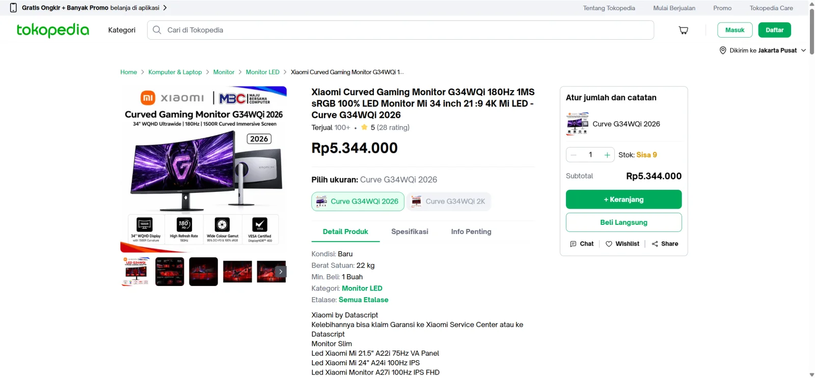 Marketplace listing describing the Xiaomi G34WQi with 4K wording