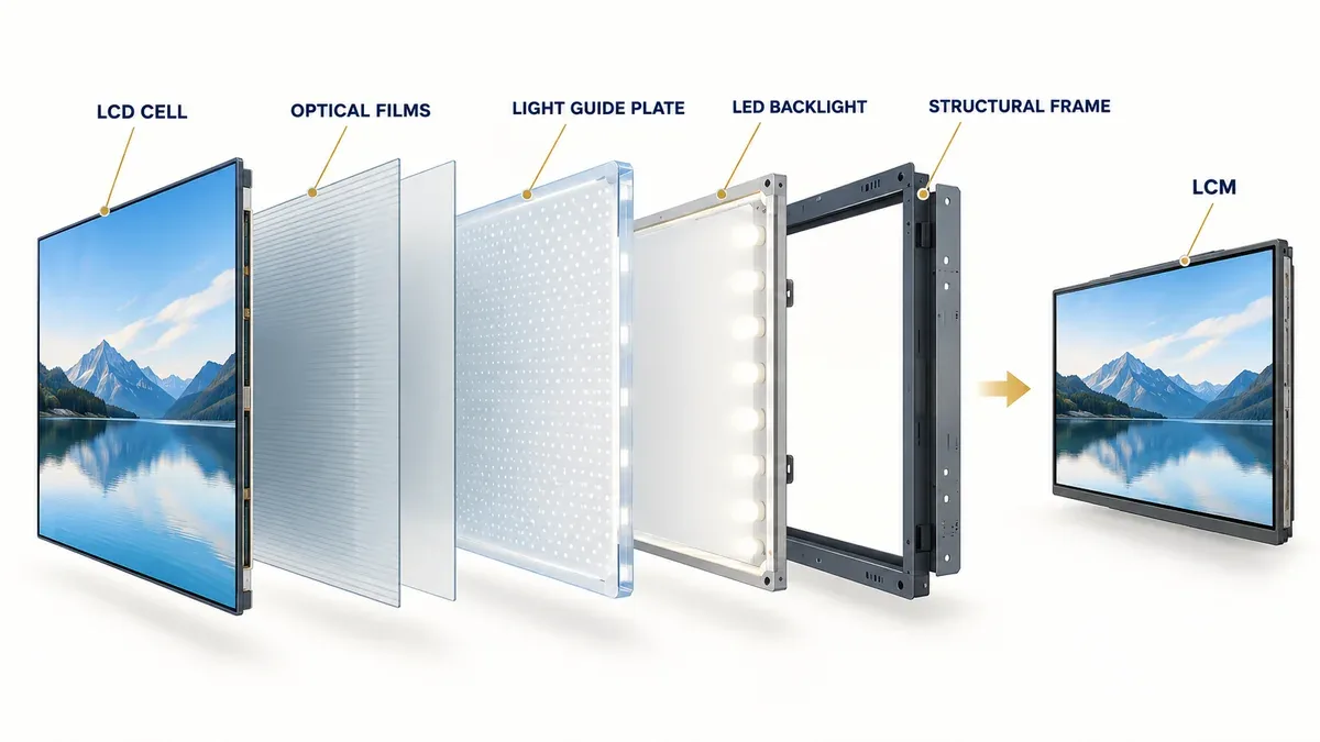LCD module layer structure with LCD cell optical films backlight and frame