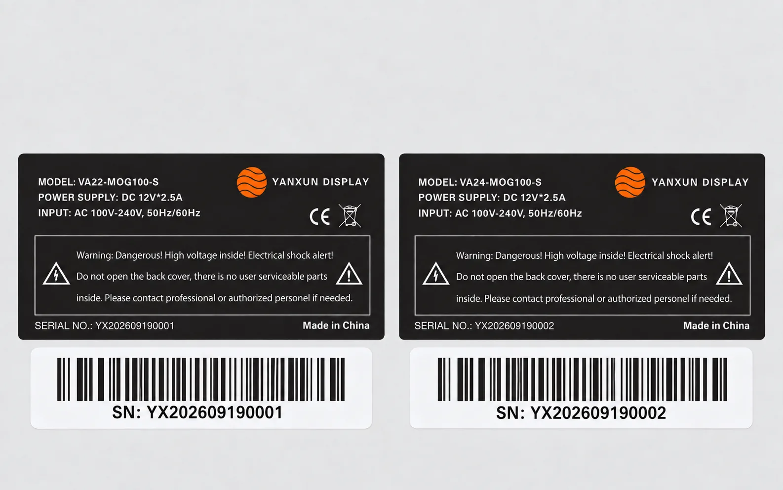 Gaming monitor serial number labels with barcodes for OEM production tracking