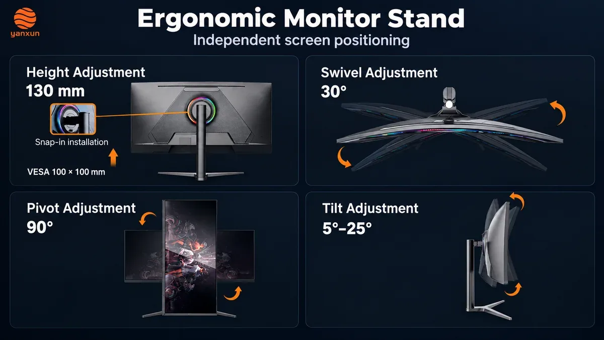 Ergonomic monitor stand with height, swivel, pivot and tilt adjustments