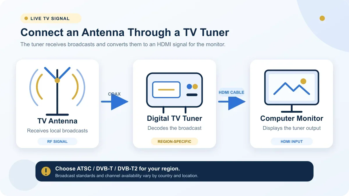 TV antenna connected to a computer monitor through a digital TV tuner