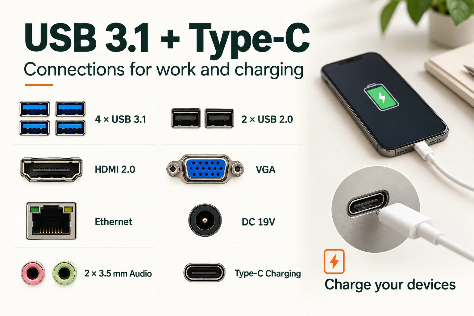 Connection overview with four USB 3.1 ports, two USB 2.0 ports, HDMI 2.0, VGA, Ethernet, DC 19V, two audio jacks and Type-C peripheral charging