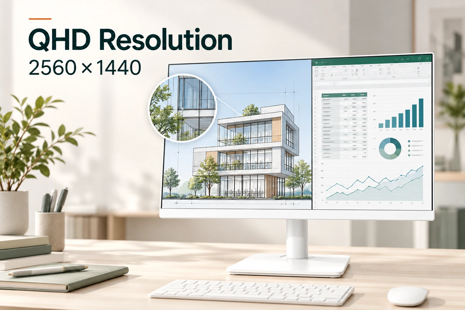 White 27-inch AC27QA002 all-in-one showing an architectural drawing and spreadsheet with 2560 by 1440 QHD resolution