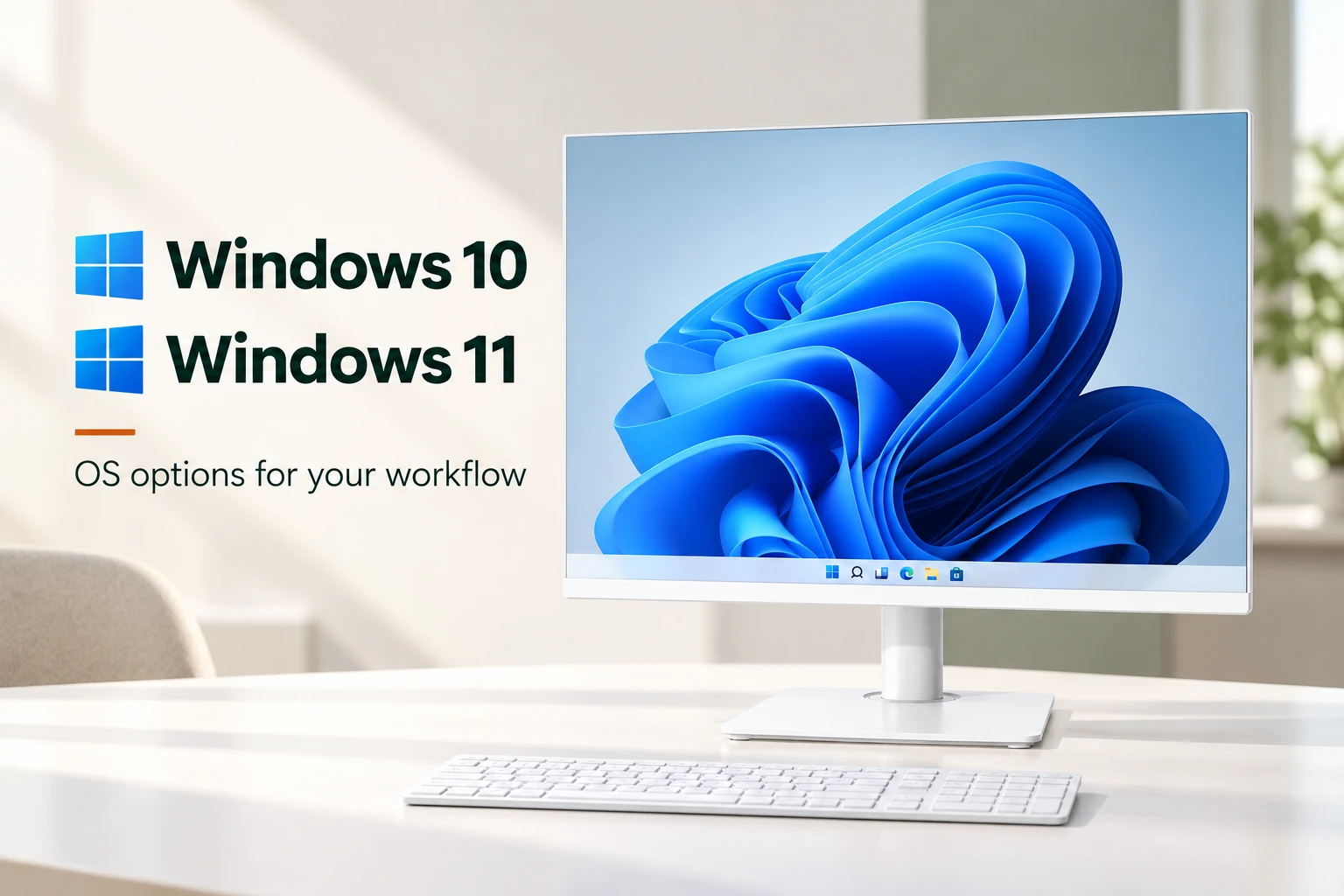 White AC27QA002 all-in-one on an office desk with Windows 10 and Windows 11 configuration labels