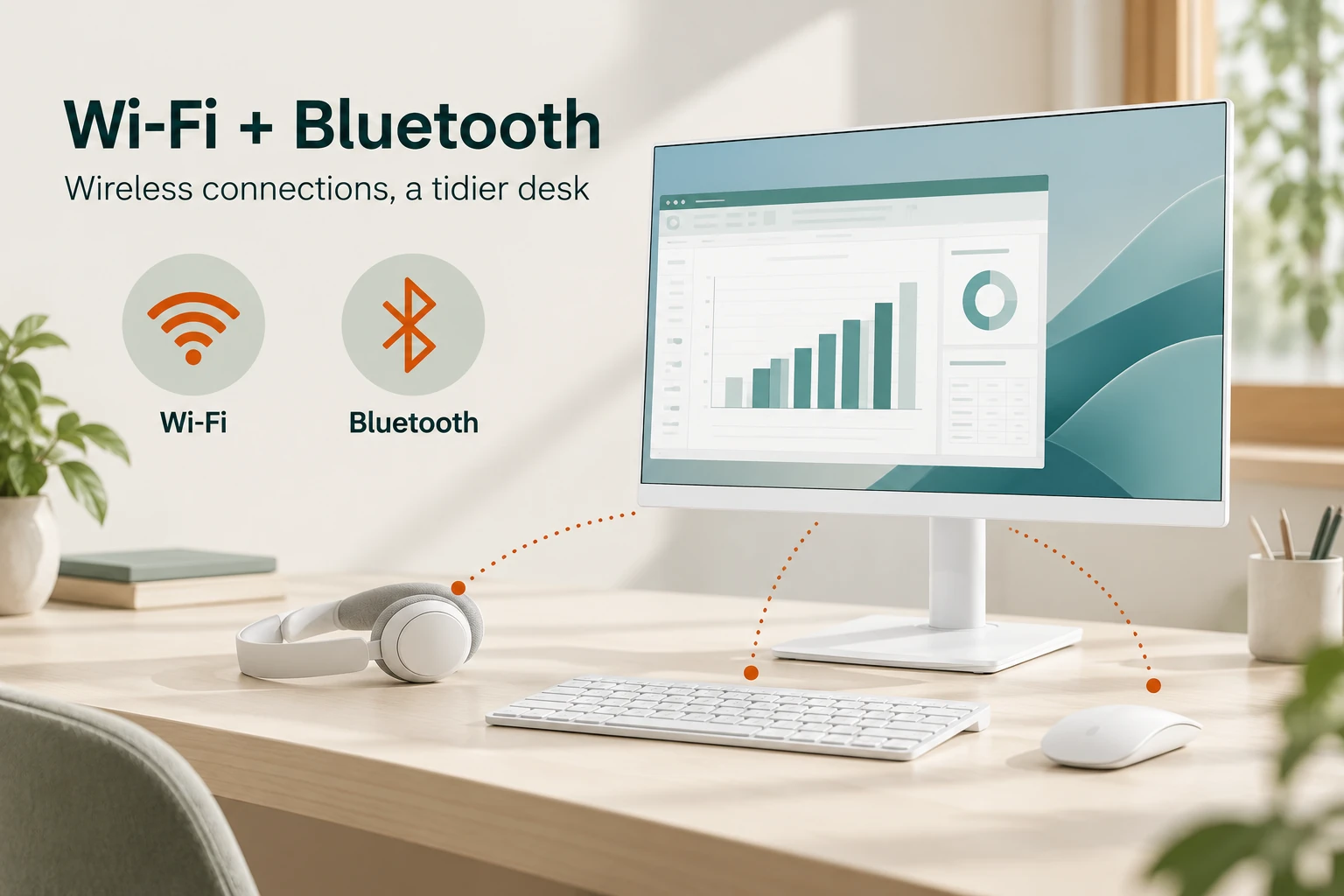 White AC27QA002 all-in-one with Wi-Fi and Bluetooth symbols and wireless connections to a keyboard, mouse and headset