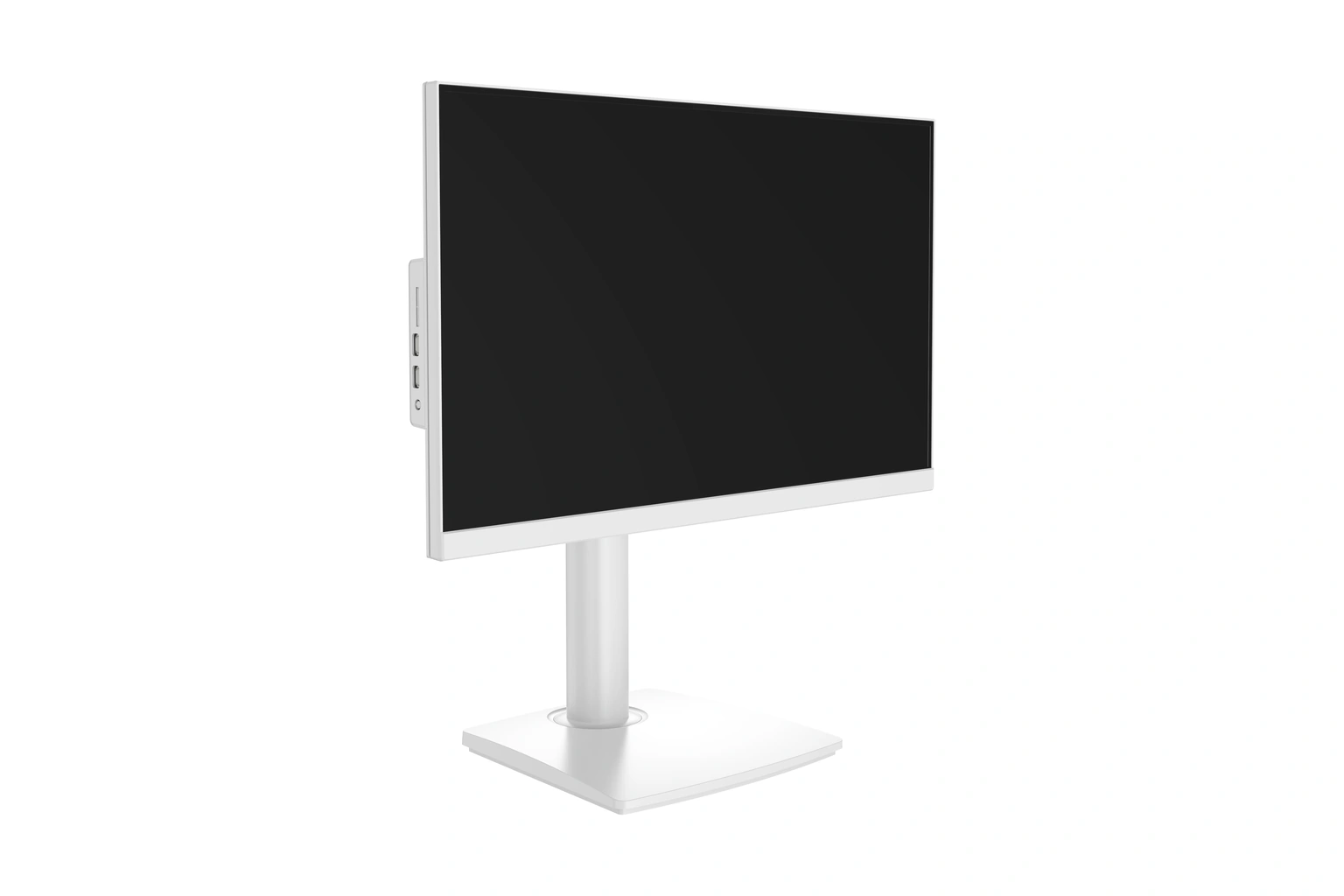 White 27-inch all-in-one desktop computer with ergonomic stand, front angled view