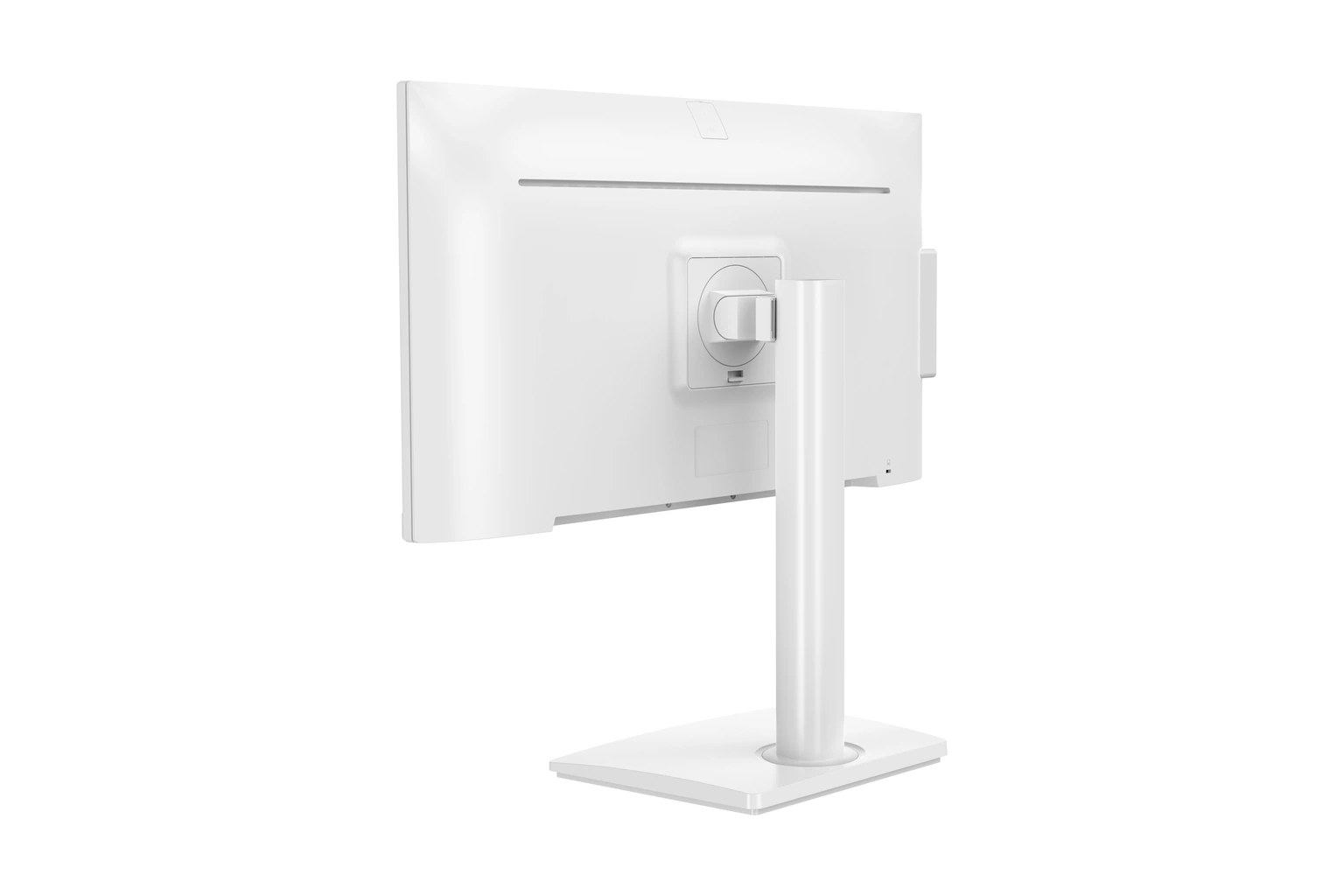 White 27-inch all-in-one desktop computer with ergonomic stand, rear angled view