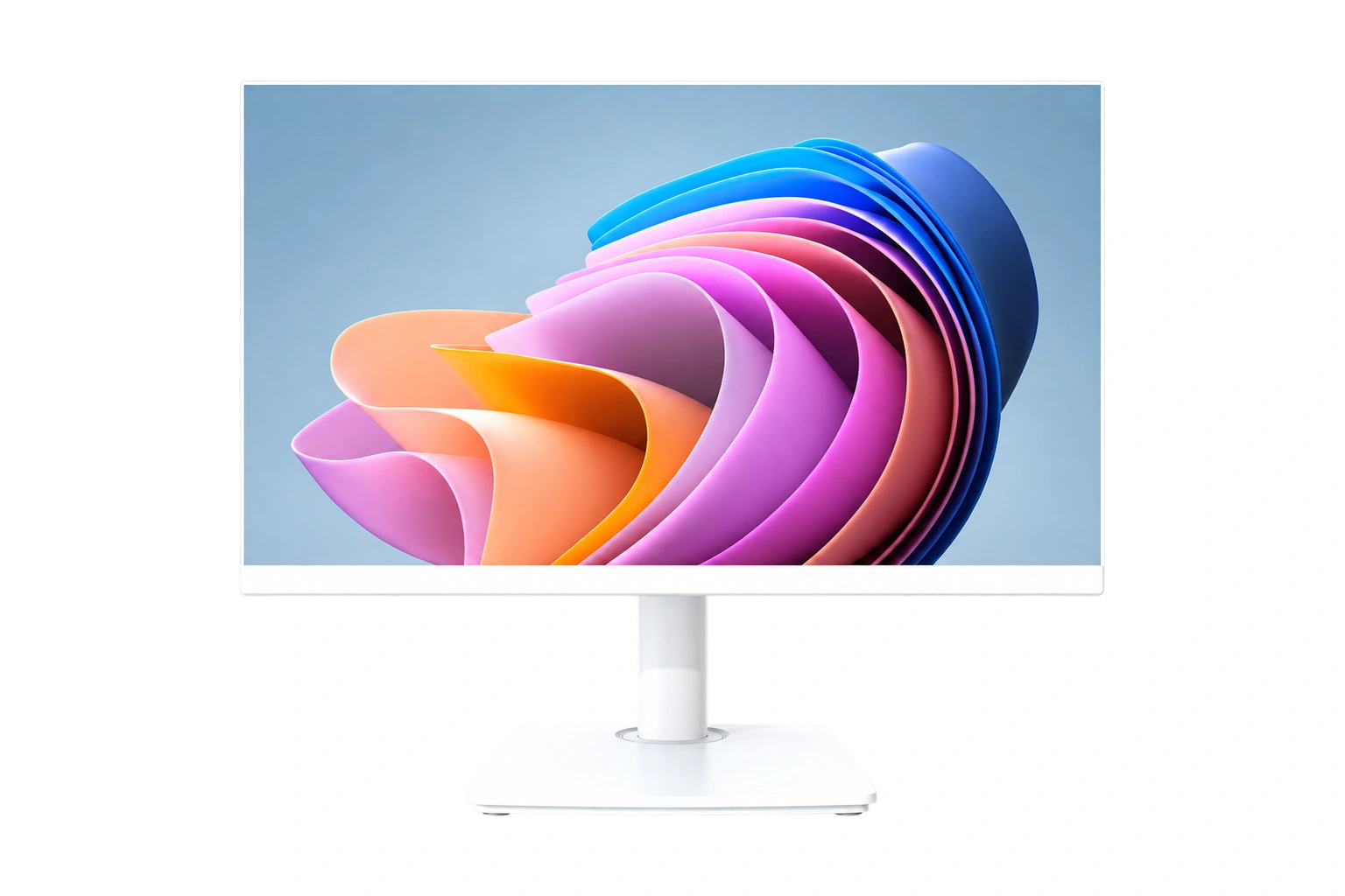 White 27-inch all-in-one desktop computer with ergonomic stand, front view