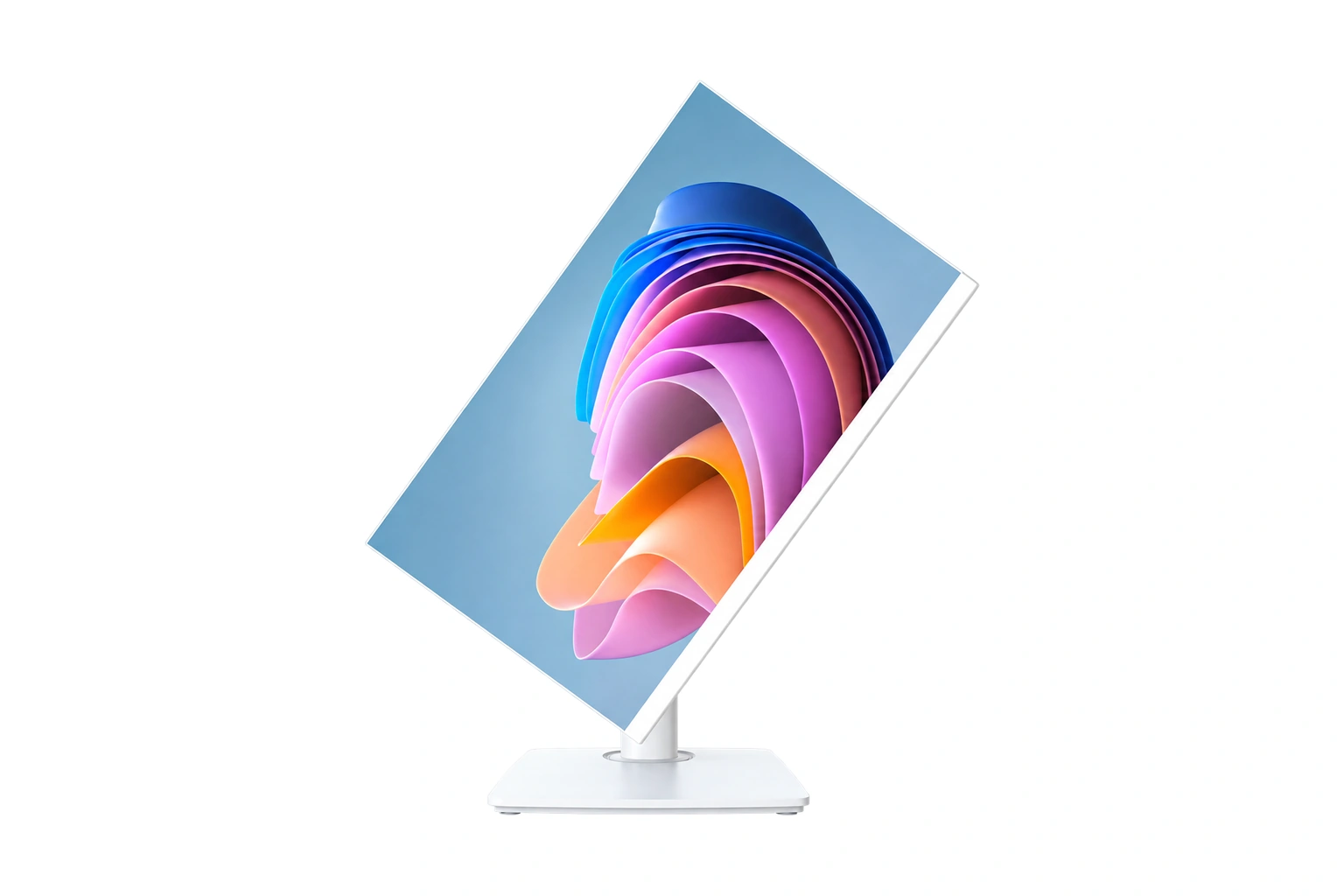 White 27-inch all-in-one desktop computer showing the pivoting display and ergonomic stand