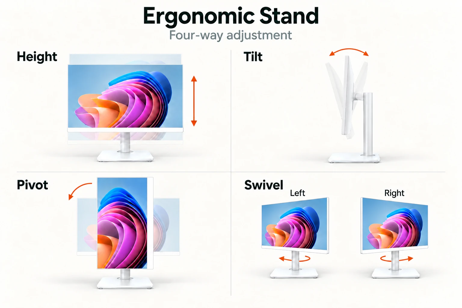 White AC27QA002 all-in-one showing height, tilt, portrait pivot and separate left and right swivel views around the vertical stand axis
