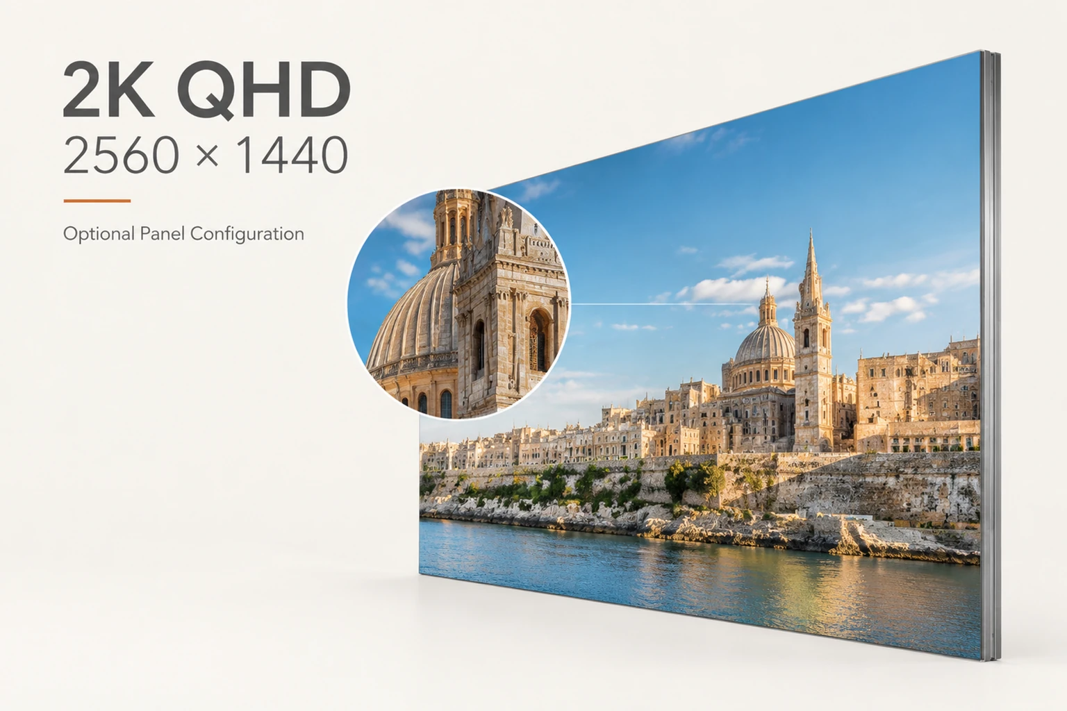 LCD panel illustration labeled 2K QHD 2560 by 1440 with a magnified detail view of an architectural image