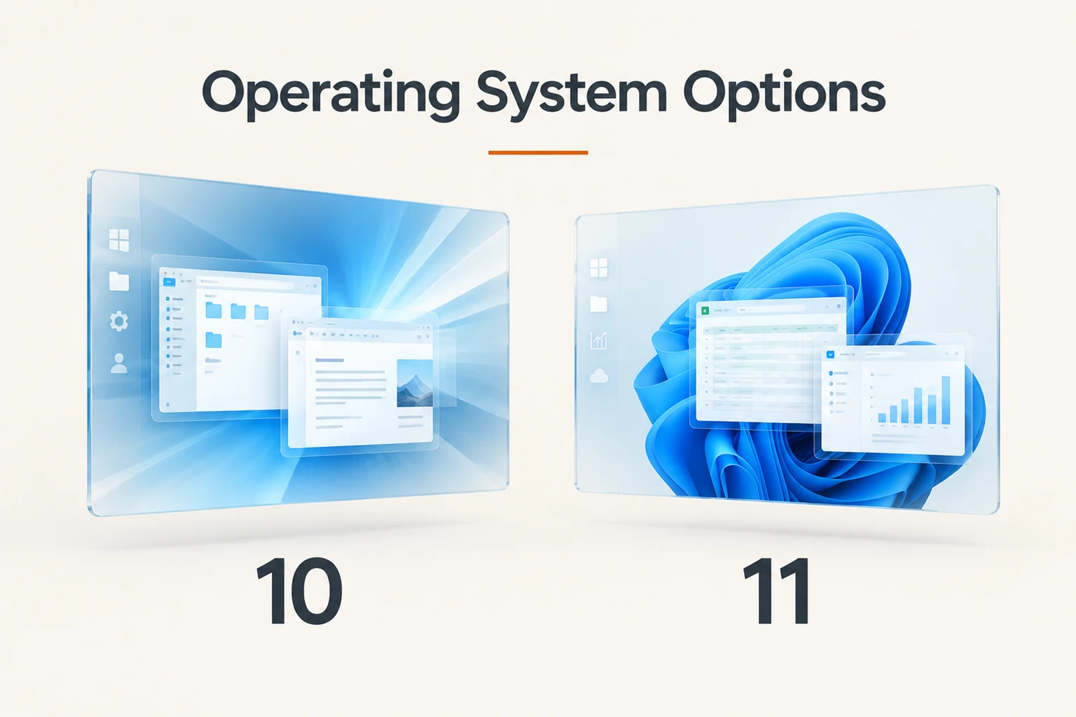 Windows 10 and Windows 11 desktop panels illustrating the operating system options for the 27-inch all-in-one computer