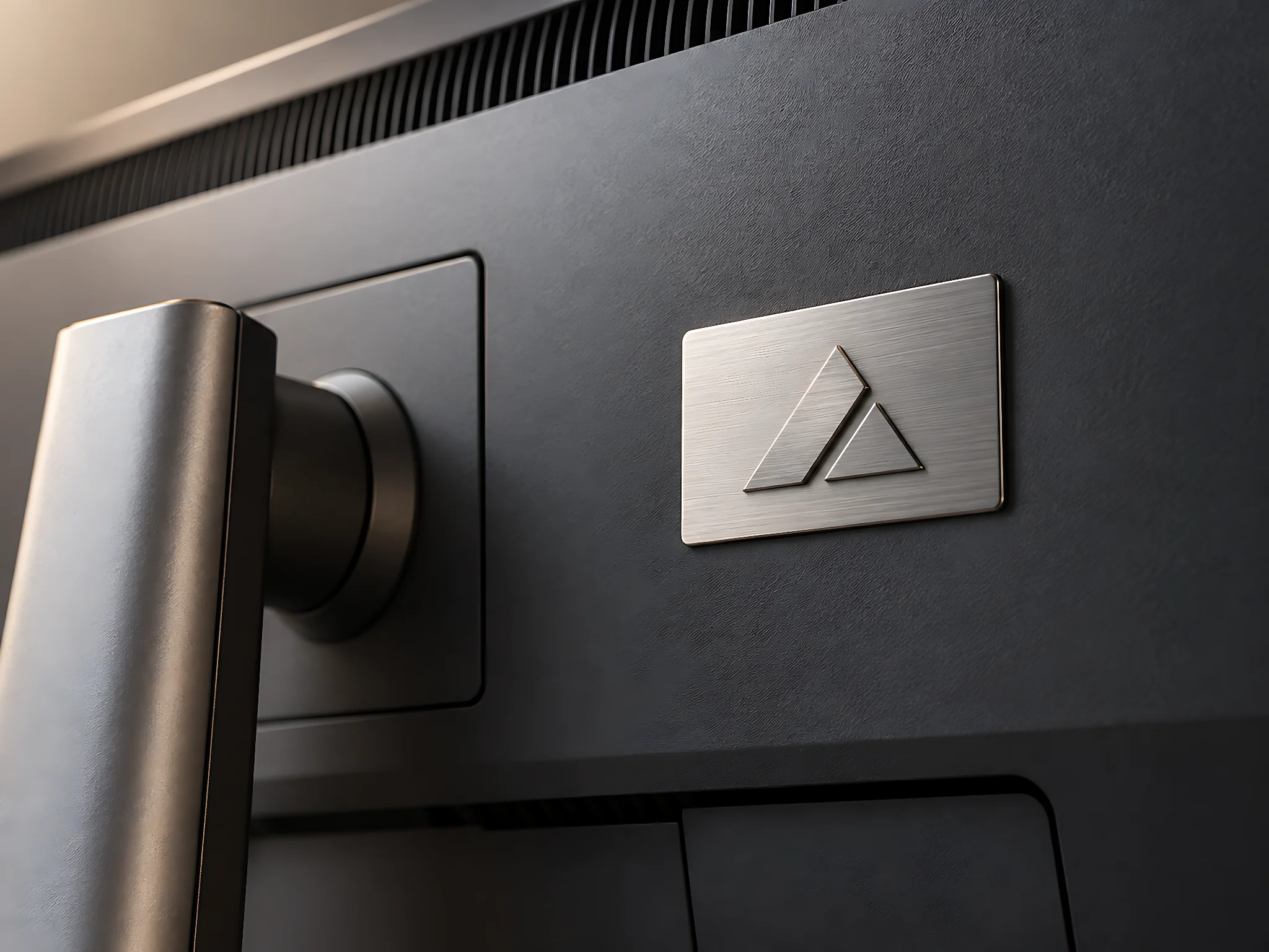 Brushed metal logo badge mounted on the rear of a monitor