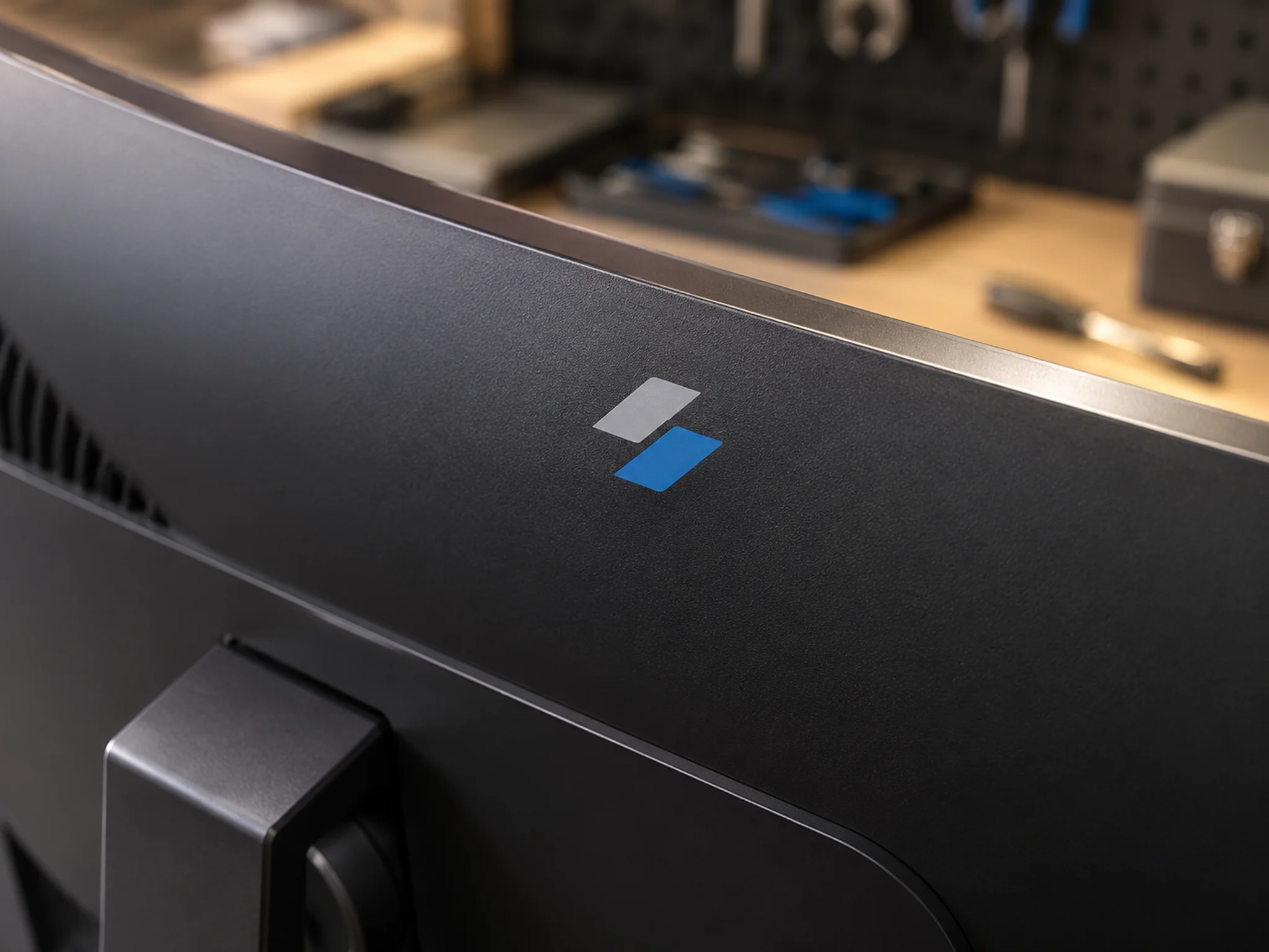 Small two-color pad-printed logo on the curved surface of a monitor housing