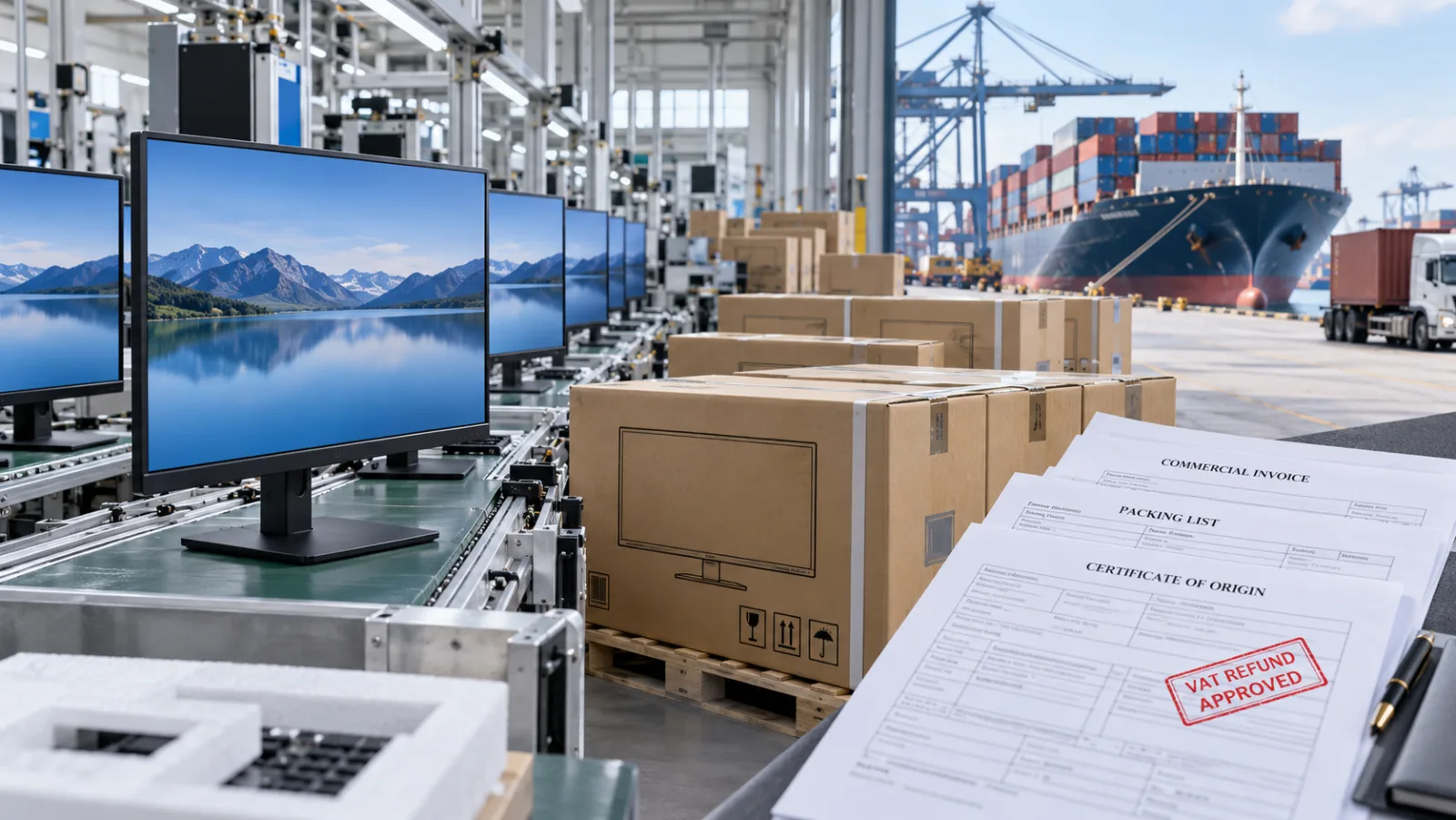 Computer monitors moving from assembly and export packaging to international shipment with VAT refund documentation