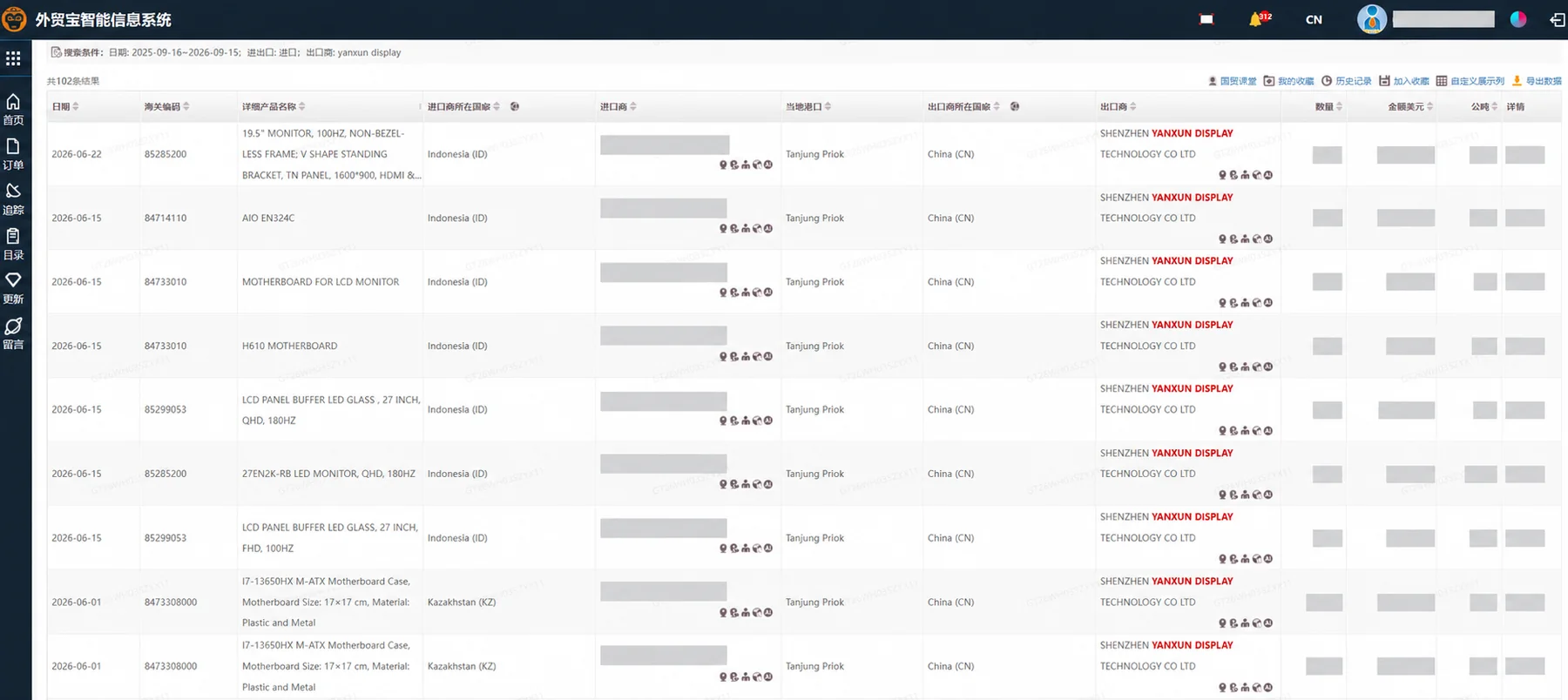 Privacy-redacted customs data showing Yanxun Display export records