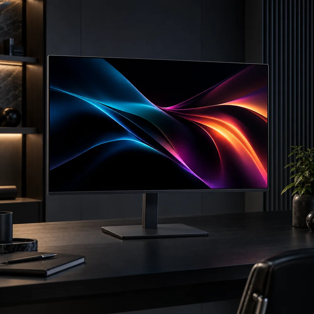 Premium OLED monitor in a modern dark workspace