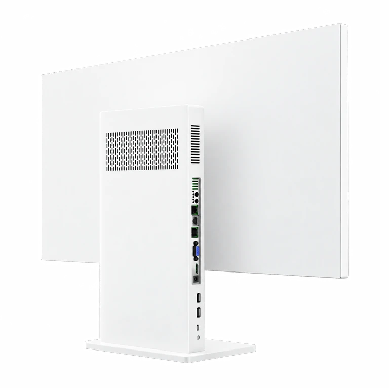 White all-in-one computer, rear view showing the integrated computer housing and connections