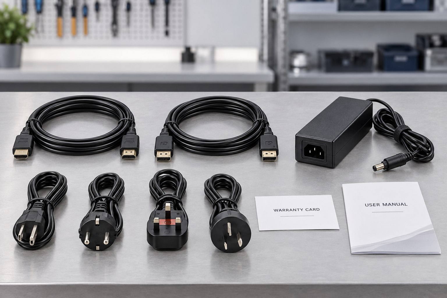 OEM monitor accessory kit with HDMI and DisplayPort cables, adapter, regional power cords, warranty card and user manual