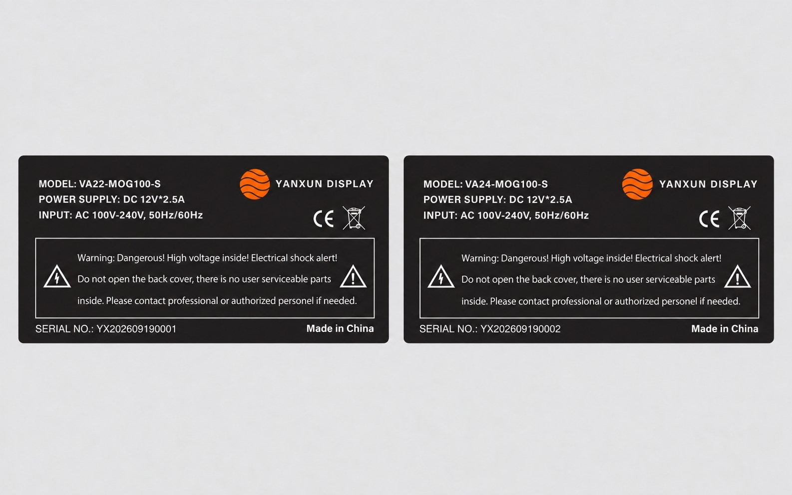 Customized Yanxun Display monitor rating labels with model, serial number, electrical and compliance information