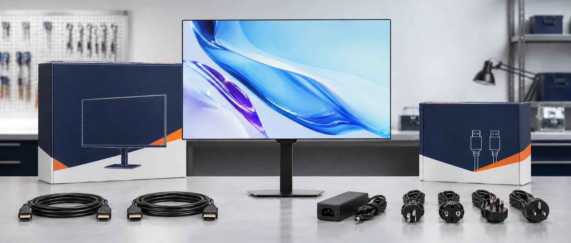 Yanxun OEM monitor with retail packaging, video cables, power adapter and regional power plugs