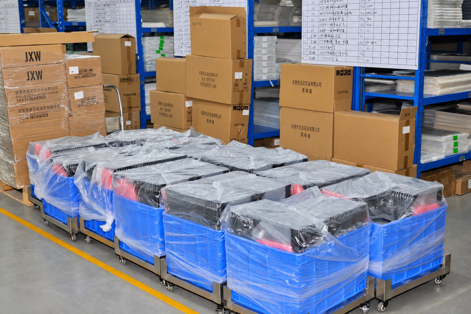 Monitor components staged in protective trays before assembly