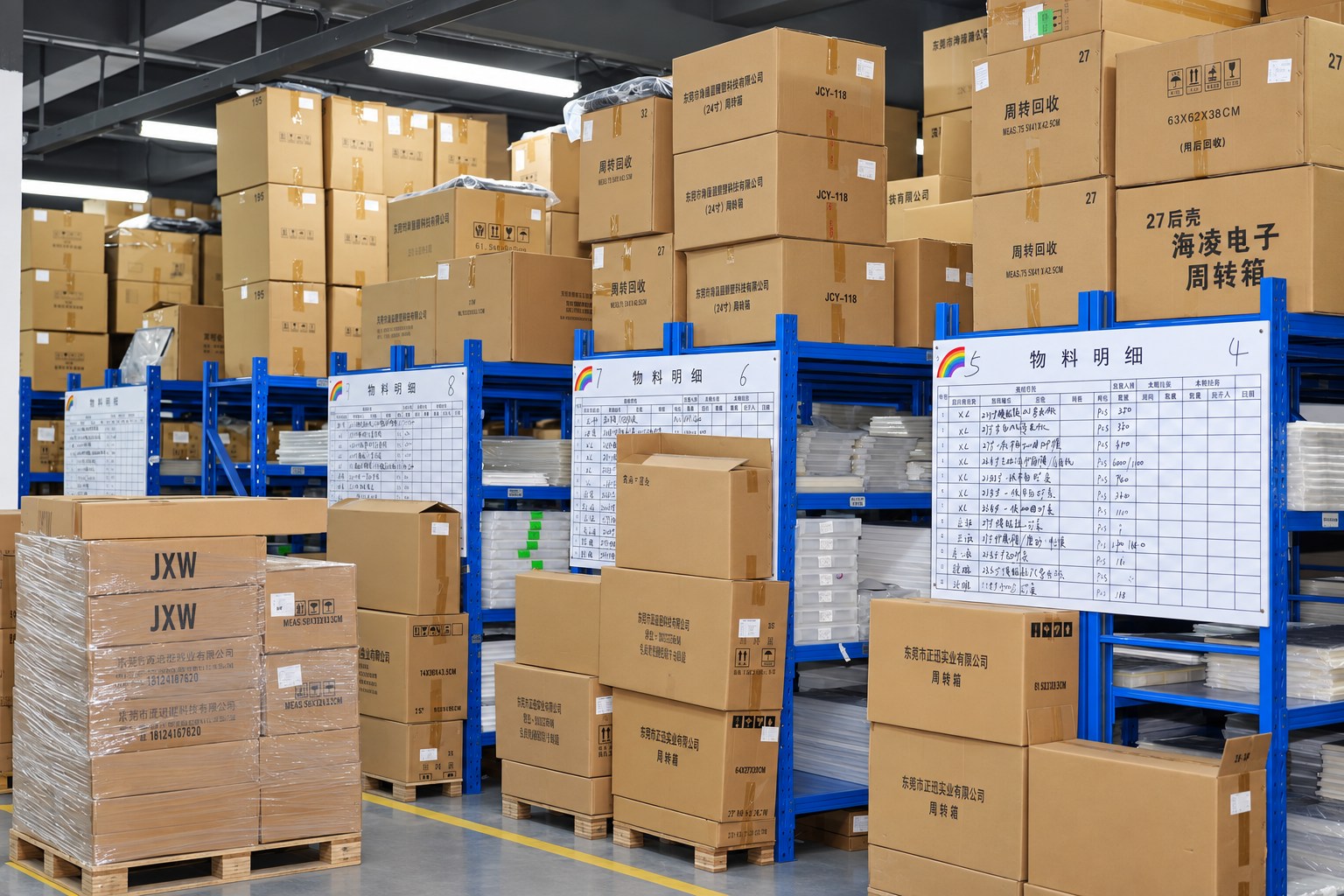 Monitor housings and components organized in Yanxun Display warehouse