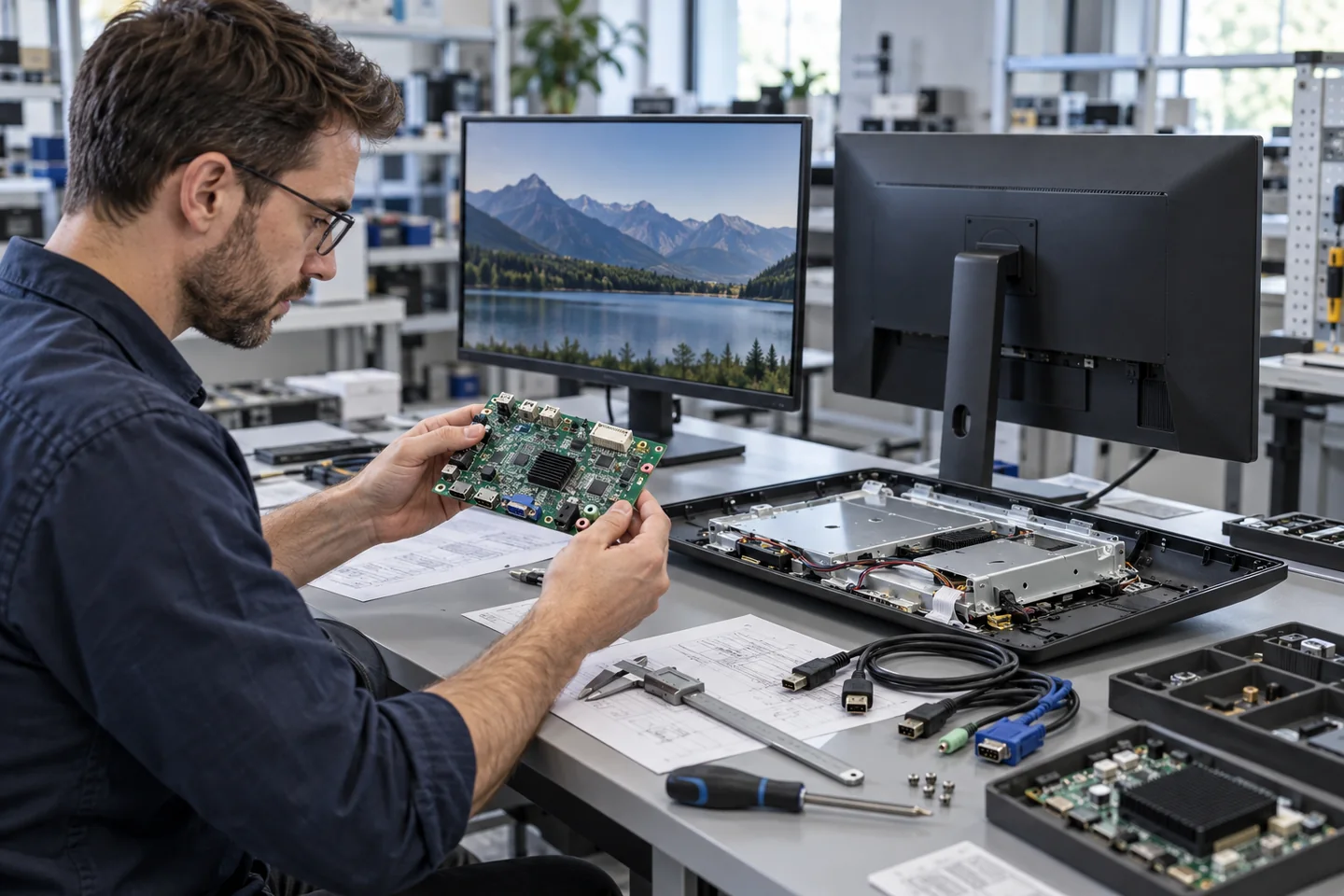 Illustrative monitor engineer reviewing a customized controller board